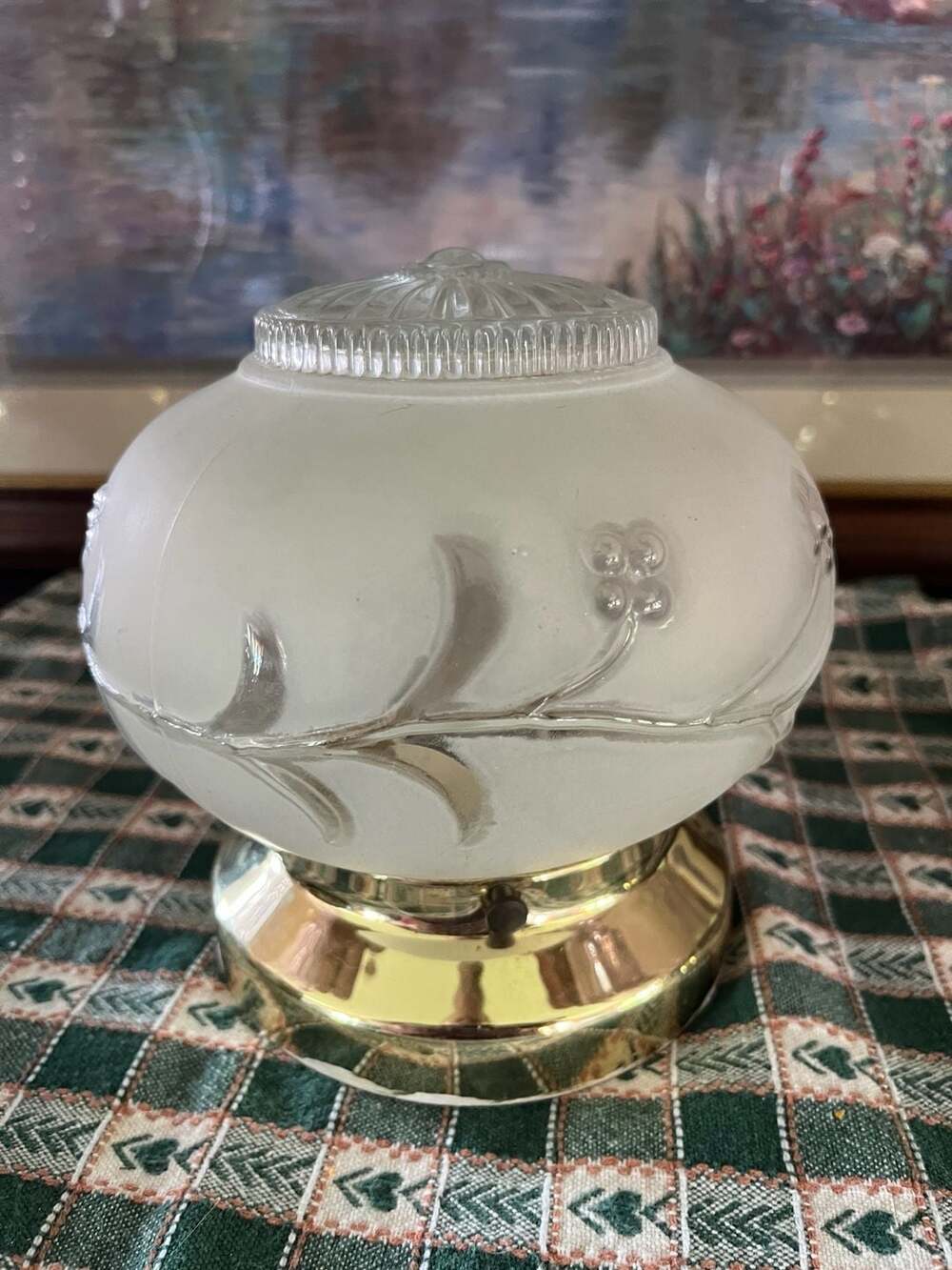 Vintage Frosted Glass Flush Mount Ceiling Light with Brass Base and Floral Embos